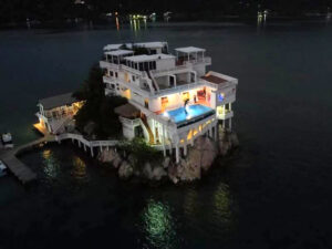 aerial view of Dunbar Rock at night