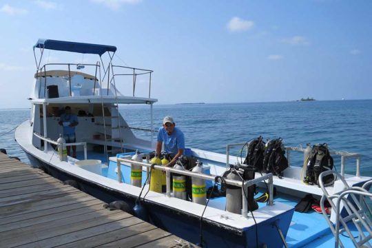 Raynel changing gear on dive boat